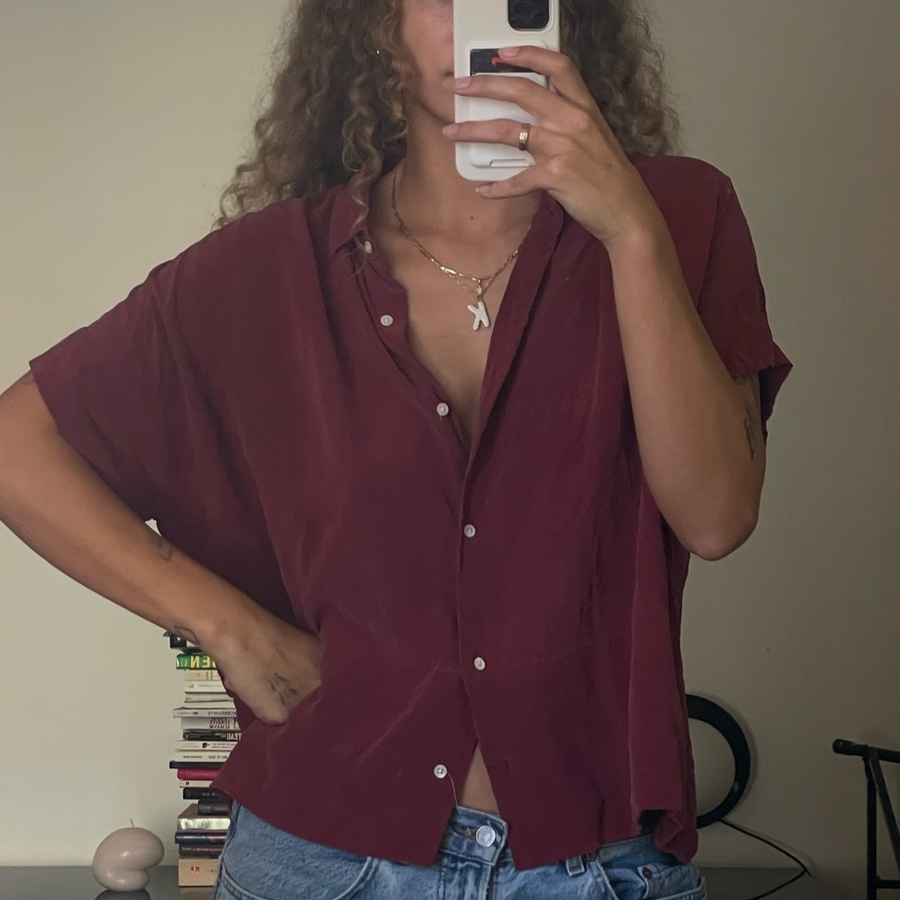 Burgundy Everlane washed silk box length button down